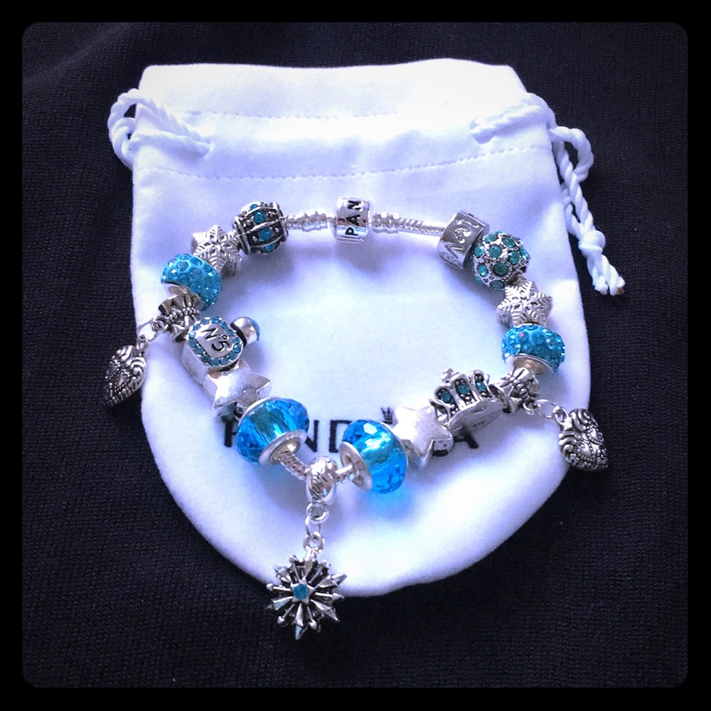 Pandora Engraved Bracelet with charms and pouch
